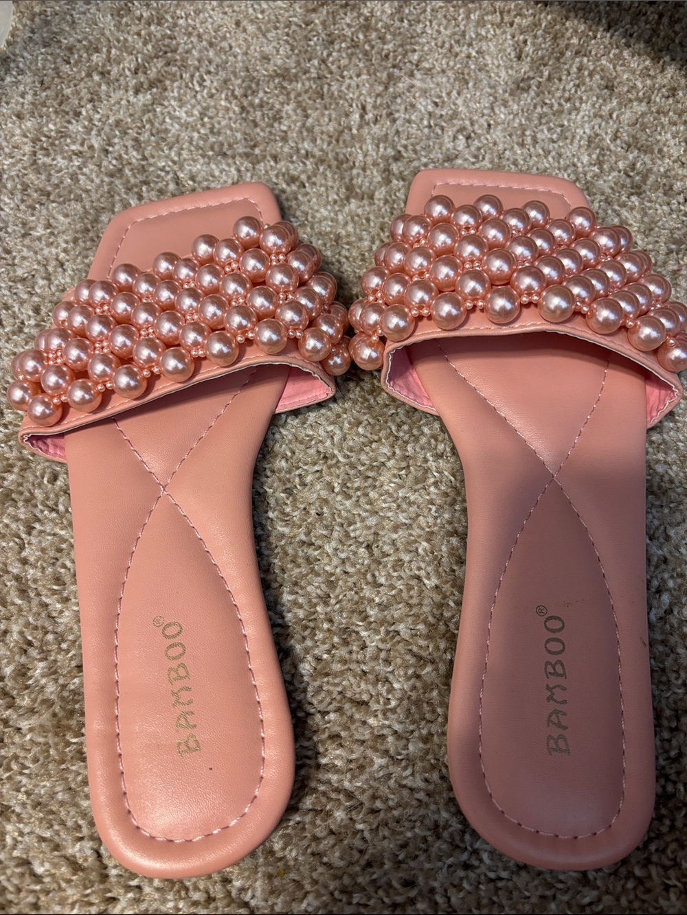 BAMBOO Pink Pearl-Embellished Slide Sandals